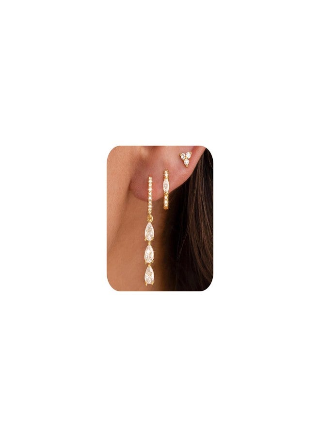 Robaice 3 Pairs Gold Dangle Earrings for Women, Stackable Hoop & Studs, CZ Jewelry Set Gift, Hypoallergenic for Sensitive Ears - Image 1